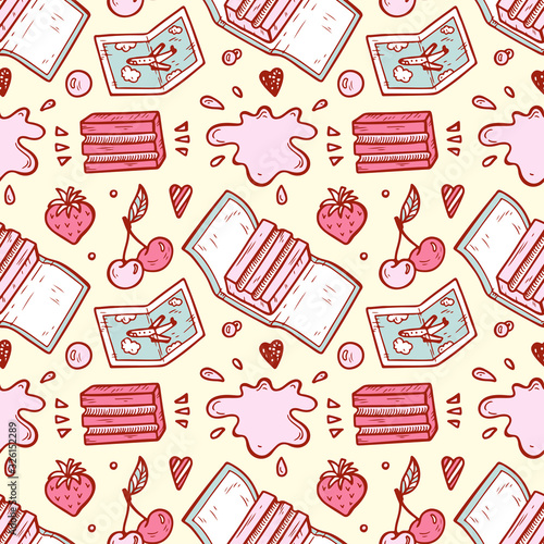 Sweets. Strawberry and Cherry Chewing Gum Seamless pattern. Hand Drawn Doodle Bubble Gums. Vector illustration