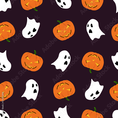 Fototapeta Naklejka Na Ścianę i Meble -  Halloween pumpkinand ghosts pattern on dark background. Halloween pumpkin and ghosts background. Seamless pattern design