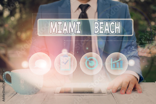 Text sign showing Miami Beach. Business photo showcasing the coastal resort city in MiamiDade County of Florida photo