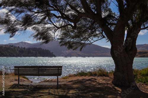 Tranquil lake viewed from behind a bench