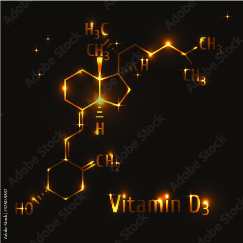 Vitamin D3 formula gold on dark background.Vector illustration. Chemistry, science, health, biology. Atomic, molecula structure.