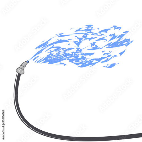 Water hose - black irrigation hose with pouring water - isolated on white background - vector. Watering the plot. Car wash.