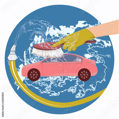 Service car wash. A hand in a rubber glove washes a car - round icon - isolated on white background - vector.