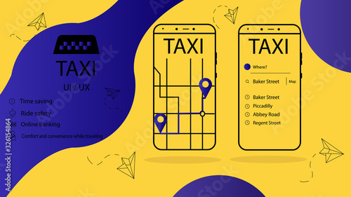 Taxi banner isometric. Online mobile application taxi booking service horizontal illustration. Call taxi online, mobile application. UI, UX.