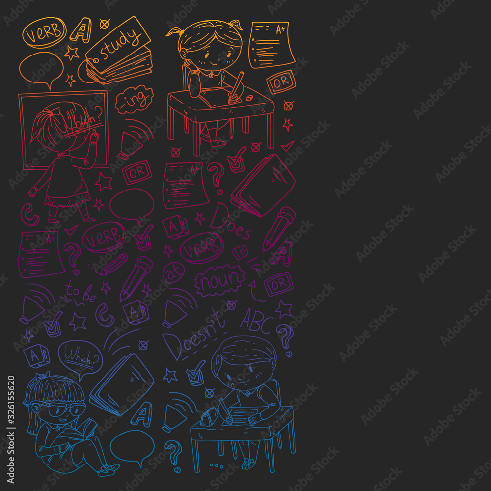 English school for children. Learn language. Education vector illustration. Kids drawing doodle style image. English school for children. Learn language. Education vector illustration. Kids drawing doodle style image.