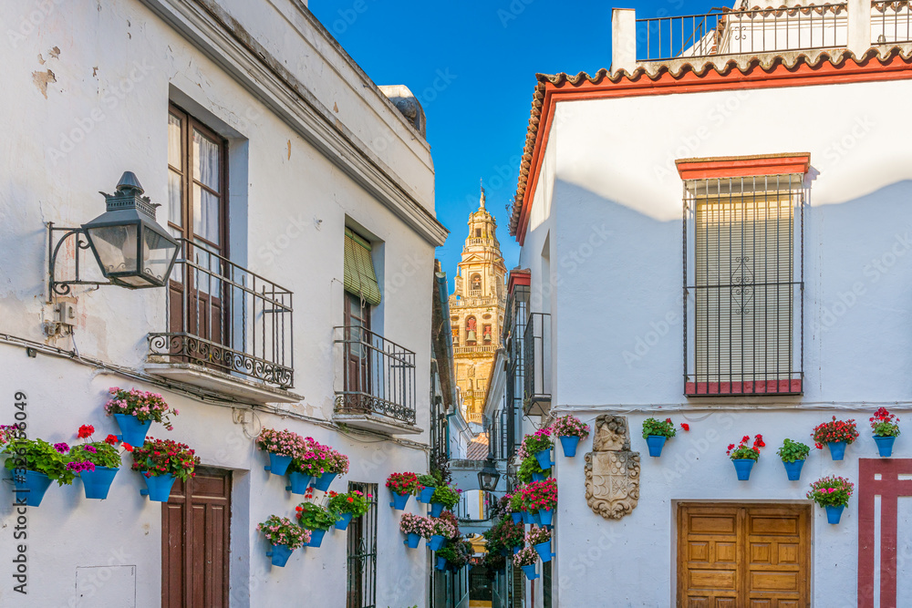 Scenic sight in the picturesque Cordoba jewish quarter with the bell tower of the Mosque Cathedral. Andalusia, Spain.