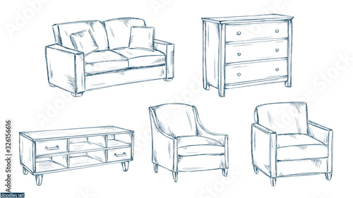 Furniture sketch. Interior design set. Sofa. Armchair. Сhest of drawer. Home. Room interior. House decor. Living room. Apartment.