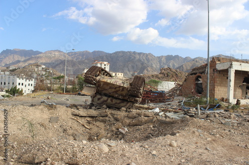 Al-Houthi militia tank after being bombed by Arab Alliance aircraft in Taiz City, Yemen