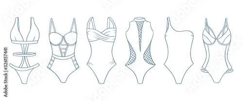 Swimming suits set. Doodle bikini. One piece swimsuits collection. Ladies clothes for summer vacation. Bikini sketch. Swimwear fashion.