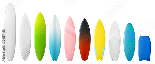 Surfboards vector set. Types of surfing boards. Different tail shapes. Bobyboard. Longboard. Shortboards.