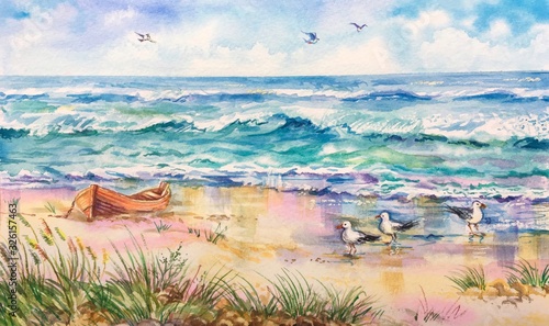 Watercolor Baltic sea view. Sandy beach, blue sky, seagulls, nature backgrounds. Dune grasses on the gold beach. Horizontal view, copy-space. Template for designs, card, posters. photo