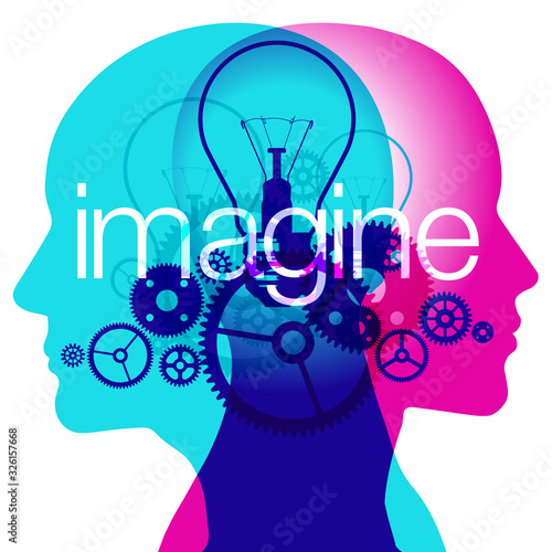 A male and female side silhouette positioned back to back, overlaid with various semi-transparent light bulbs and gears shapes. The word "imagine" is placed across the centre.