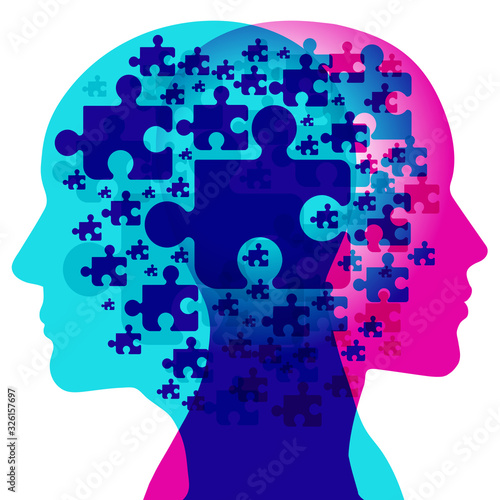 A male and female side silhouette positioned back to back, overlaid with various semi-transparent Jigsaw puzzle piece shapes. Each seperate Puzzle piece represents each individual thoughts.