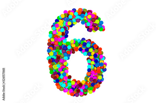 Number 6 from confetti. 3D rendering