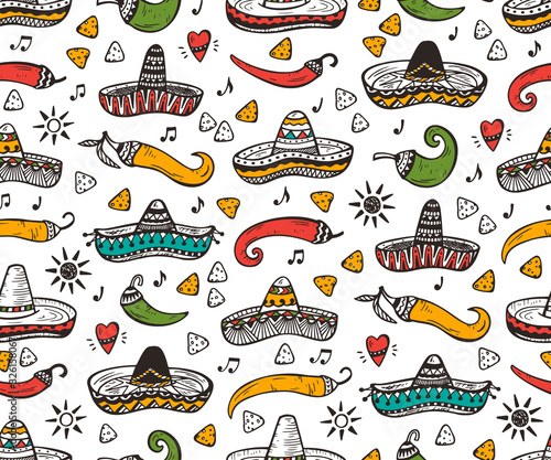Mexican Seamless patterns. Mexico Vector background. Hand drawn doodle Mexican Sombrero, Sun, Pepper Chili, Nachos