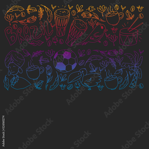 Rio de janeiro Brazil. Vector pattern with national symbols.