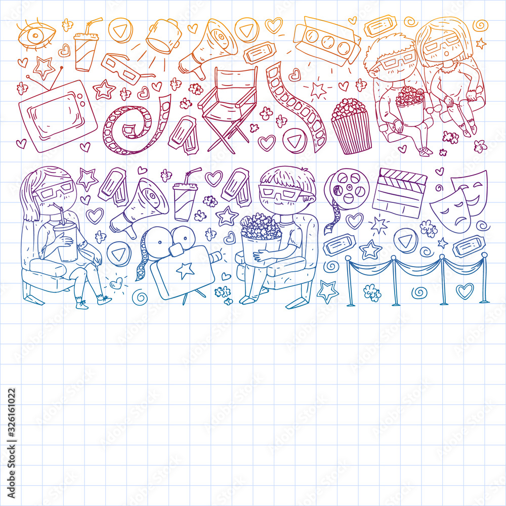 Cinema pattern with vector icons for wrapping paper, posters, banners, leaflets. 3d movie, tv, musical. Cinema pattern with vector icons for wrapping paper, posters, banners, leaflets. 3d movie, tv, musical.
