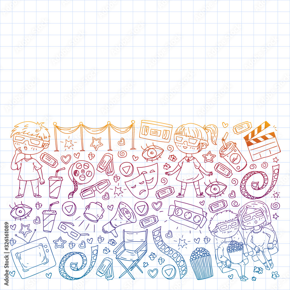 Cinema pattern with vector icons for wrapping paper, posters, banners, leaflets. 3d movie, tv, musical. Cinema pattern with vector icons for wrapping paper, posters, banners, leaflets. 3d movie, tv, musical.
