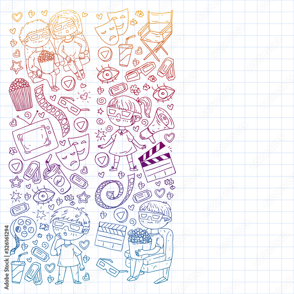 Cinema pattern with vector icons for wrapping paper, posters, banners, leaflets. 3d movie, tv, musical. Cinema pattern with vector icons for wrapping paper, posters, banners, leaflets. 3d movie, tv, musical.