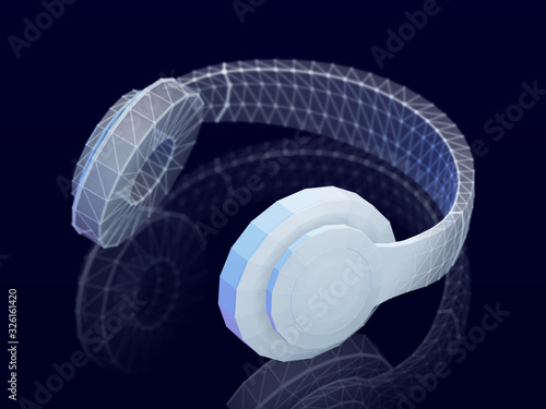 3D polygonal headphones with reflection on dark background. Abstract visualization of digital sound and modern music. Vector illustration of wireframe headphones - concept of online music listening.