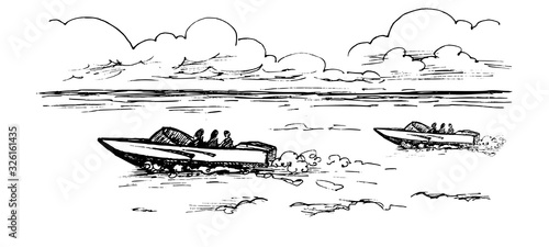 Vector monochrome image of motor boats with people floating on the water under the clouds.