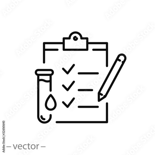 clinical analysis result icon, lab blood test, medicine report, hiv check, thin line web symbol on white background - editable stroke vector illustration eps10