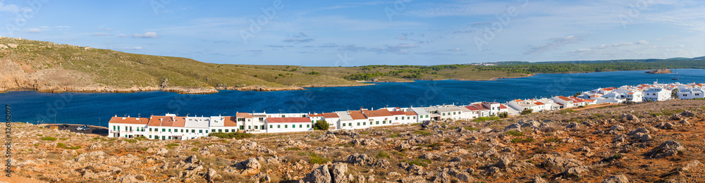 Panorama of Fornells - a town in Menorca, located on the north coast of the island, at the end of a long bay. Spain