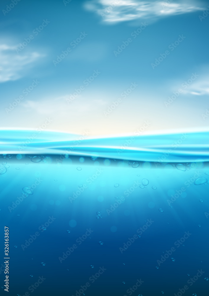 Sea landscape with underwater space. Vector illustration with deep underwater ocean scene. Background with realistic clouds and wavy water surface.
