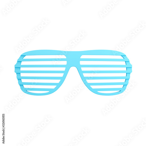 Blue plastic shutter shade sunglasses isolated on white background. Trendy fashion style. Minimal design art. 3d illustration.