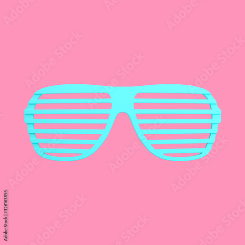 Turquoise plastic shutter shade sunglasses isolated on pink background. Trendy fashion style. Minimal design art. 3d illustration.