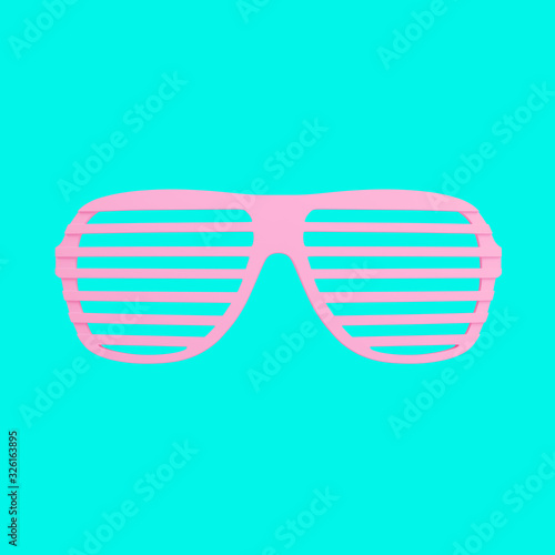 Pink plastic shutter shade sunglasses isolated on turquoise background. Trendy fashion style. Minimal design art. 3d illustration.