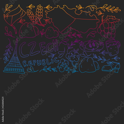 Vector pattern with symbols of Czech Republic. Set with tourism icons and landscapes elements. Travel to country. City, cathedral, building, European architecture. Illustration with landmarks