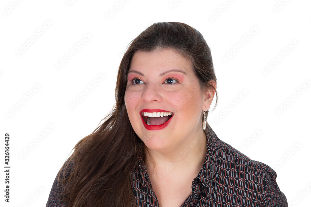 Lady studio headshot isolated in white. She is caucasian and has long smooth hair. She dresses casual. The background is white. She is smiling and looking to one side. Lady studio headshot isolated in white. She is caucasian and has long smooth hair. She dresses casual. The background is white. She is smiling and looking to one side.