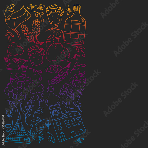 Vector pattern with symbols of Czech Republic. Set with tourism icons and landscapes elements. Travel to country. City, cathedral, building, European architecture. Illustration with landmarks