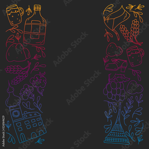 Vector pattern with symbols of Czech Republic. Set with tourism icons and landscapes elements. Travel to country. City, cathedral, building, European architecture. Illustration with landmarks