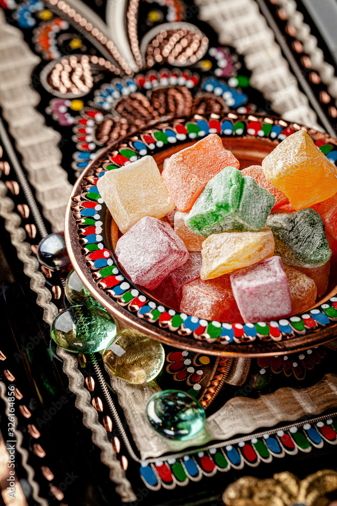 Turkish cuisine. Eastern sweets. Turkish Delight. background image, copy space text