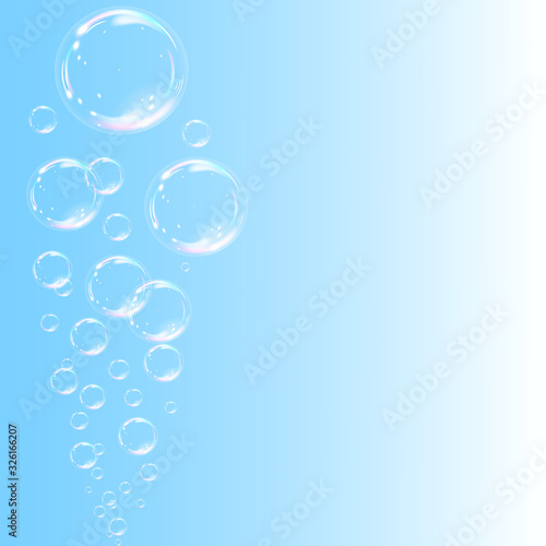 Soap bubbles flying on the blue background. Vector illustration.