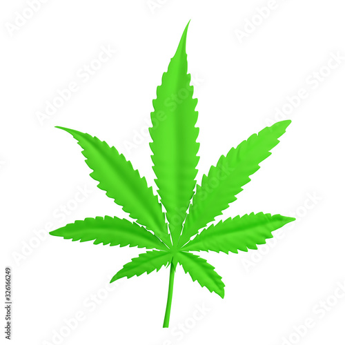 Green cannabis (marijuana) leaf isolated on white background. Medicinal plant and herb. 3d illustration.