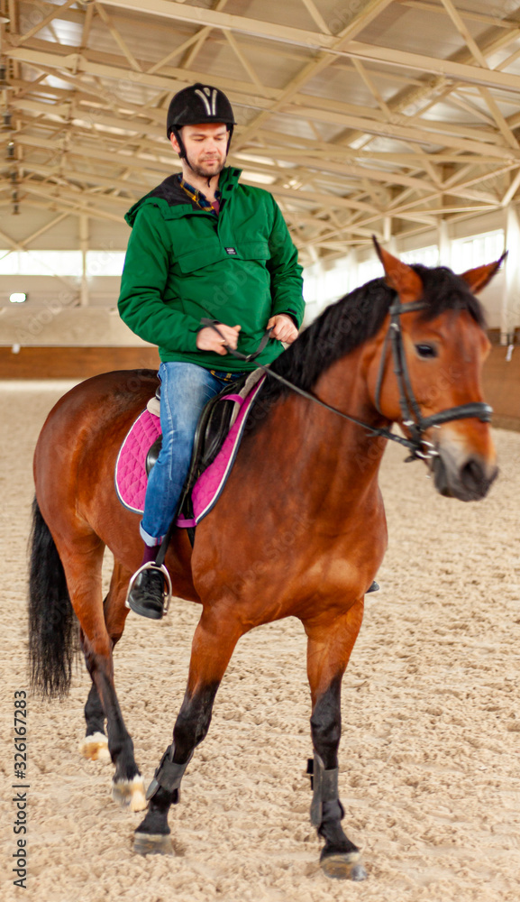 man jockey sitting on horse, horseback training on manege, lesson for jockey in equestrian school or club, pet animal man jockey sitting on horse, horseback training on manege, lesson for jockey in equestrian school or club, pet animal