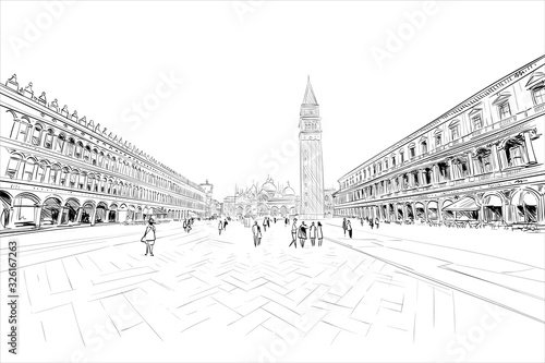 Doge's Palace. St. Mark's Square. Venice. Italy. Hand drawn sketch. Vector illustration.