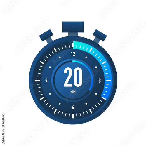 The 20 minutes, stopwatch vector icon. Stopwatch icon in flat style on a white background. Vector stock illustration.