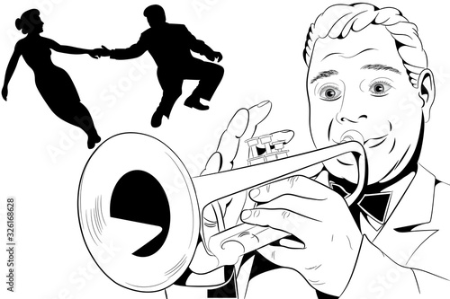 Musician trumpeter. Black and white vector image in retro style.