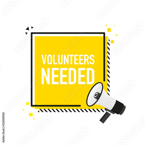 Megaphone with volunteers needed poster in flat style. Vector illustration.
