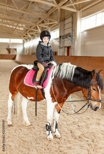 young jockey boy riding horse, horseback training on manege, lesson for young jockey in equestrian school or club, pet animal