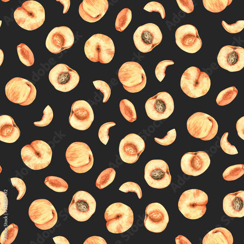 Watercolor peach pattern on black background. Seamless pattern with watercolor peaches isolated. Hand drawn fruits pattern. Summer background. 