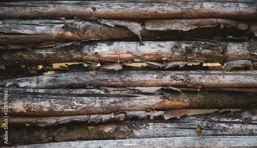 Old wooden fence made of tree branches. Wooden fence background. Close-up
