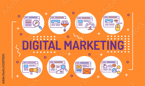 Digital marketing word lettering typography. SEO, website strategy. Infographics with linear icons on yellow background. Creative idea concept. Isolated outline color illustration