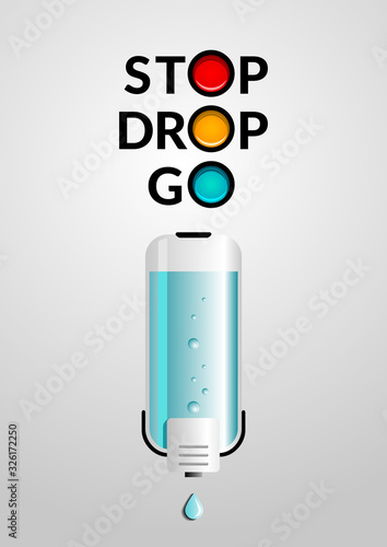 Stop drop go poster. Use sanitizer to stay away from germs. Use rubbing alcohol on the go. Use the wall mounted hand sanitizer container. Wall hanging hand wash bottle. Protection from Covid-19 virus.
