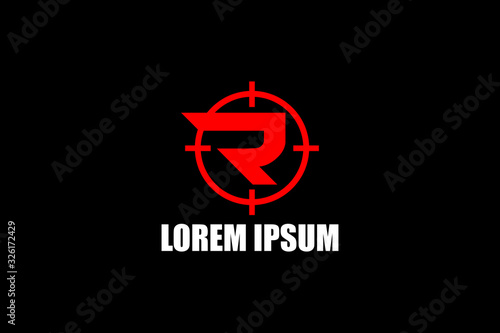 simple letter R with crosshair vector logo template for firearms company