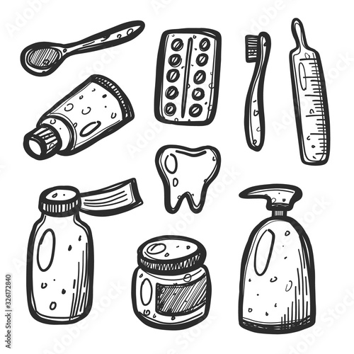 Outline ink hand drawn baby dental care set. Grunge stylized sketch dentist tools and equipment icons collection. Vector medicine or hygiene product. Banner, poster design element